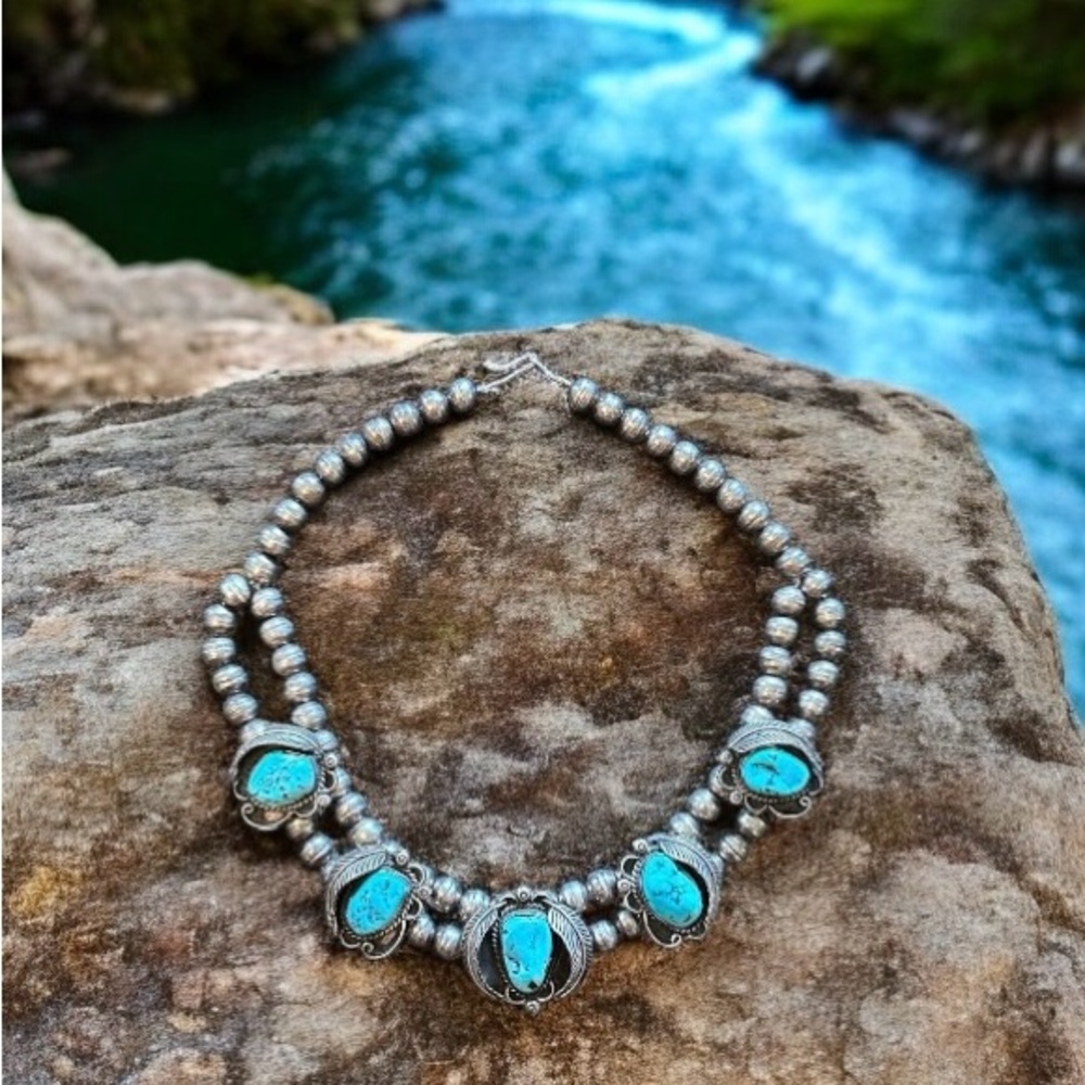 Turquoise and Silver Beaded Necklace